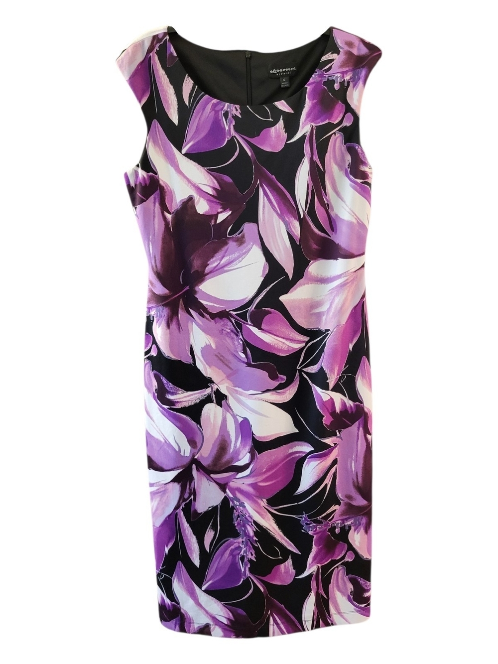 Connected Apparel Black and Purple Floral Midi Sheath Dress - Size 12